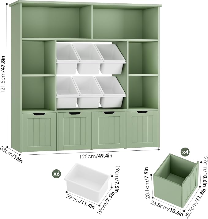 FINETONES Toy Storage Organizer with 6 Toy Bins, Large Toy Organizers and Storage with 4 Movable Drawers and 6 Storage Cubbies, Kids Toy Storage and Toy Chest for Playroom and Kids Room, Green | Toy Storage Organizer and Kids Bookshlef with Toy Bins
