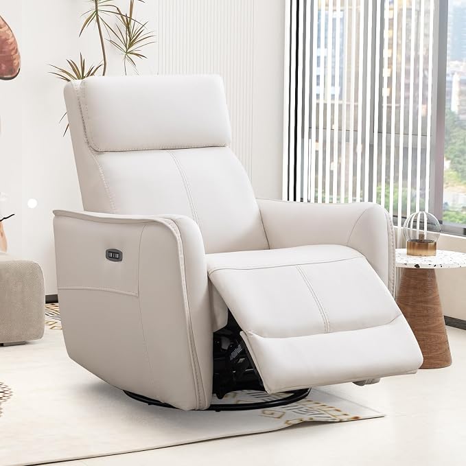 Bonzy Home Power Swivel Rocker Recliner Chair with USB Port, Wide Seat, Head & Lumbar Support, Upholstered Glider Chair for Living Room, Nursery, Bedroom, Cream White