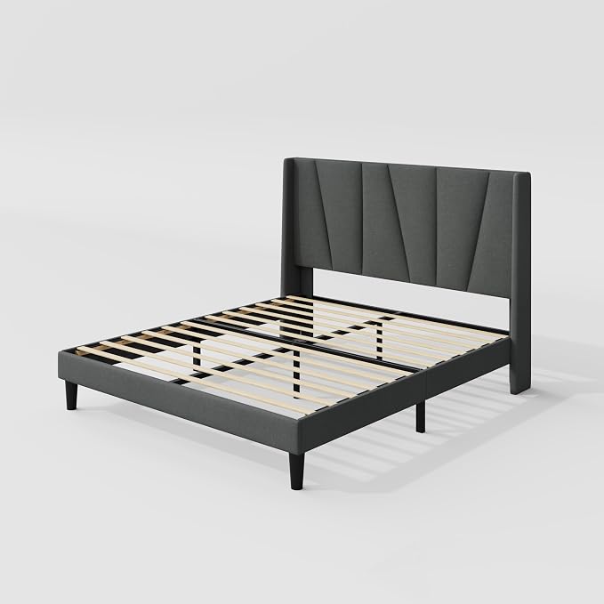 Allewie Full Size Platform Bed Frame with Geometric Wingback Headboard, Boho Upholstered Bed with Wooden Slats Support, No Box Spring Needed, Easy Assembly, Dark Grey