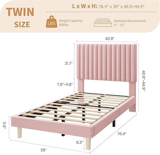 IDEALHOUSE Twin Bed Frame with Adjustable Headboard, Velvet Upholstered Platform Bed Frame Twin Size, Vertical Channel Tufted, Strong Wooden Slats, No Box Spring Needed, Easy Assembly, Pink