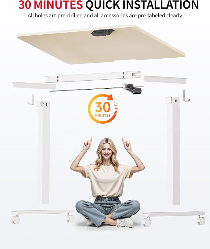 Okin Standing Desk Electric Adjustable Computer Whole Piece Stand up Desk with Wheels Office Gaming Home Office Memory Desks 48x24 inches Cream Brown