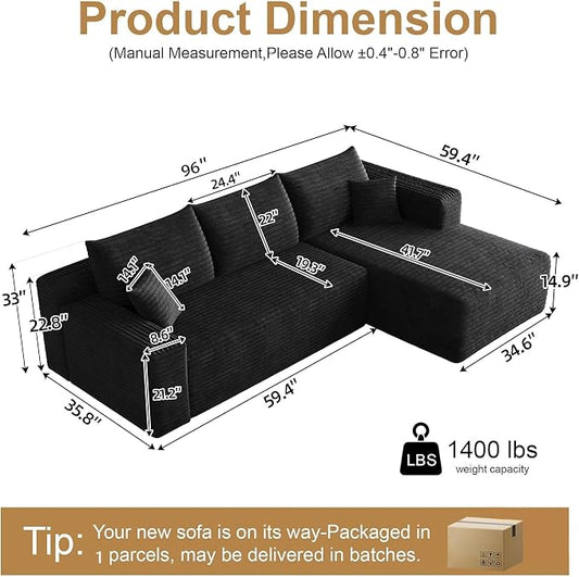 AUGOP 96" Sectional Couches for Living Room Modern Modular Sofa with L-Shape Couchs Upholstered Boneless Couch Deep Seat Sectional Couch with Chaise (Black, 96" Right Facing Chaise+2Seaters)