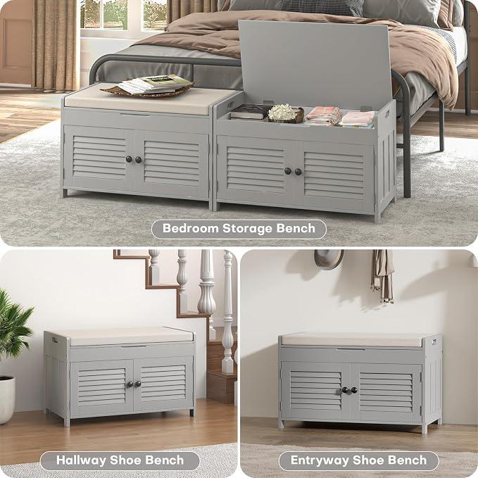 WARMHONIU Shoe Storage Bench with Lift Top Storage, Entryway Bench with Cushioned Seat, Adjustable Shelf, 2 Tier Shoe Rack with Doors for Entryway, Bedroom, Hallway, Mudroom, Grey