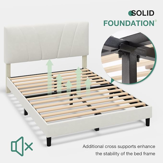 Novilla Full Size Bed Frame with Headboard, Full Bed Frame with Wooden Slats Support, Velvet Upholstered Headboard, No Box Spring Needed, Heavy Duty Feet, Easy Assembly, White Velvet