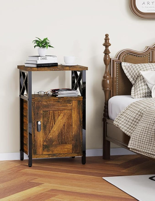 runjuly Night Stand with Locking Drawer, Bedside Table with Drawers, Wooden Bed Side Table with Storage Cabinet, Nightstand with Door, End Night Table for Bedroom, Dorm, Office, Rustic Brown