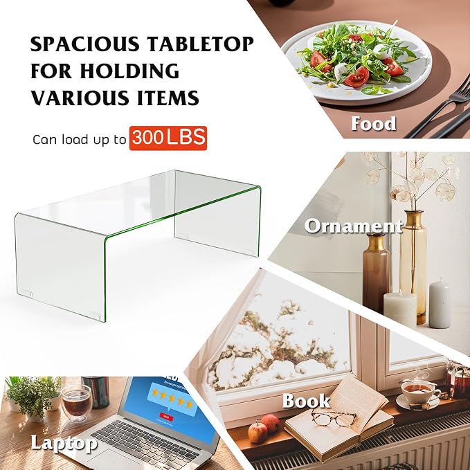 Tangkula Glass Coffee Table, 40"L × 19.5"W ×13.5" H, Modern Home Furniture, 0.5" Clear Tempered Glass End Table, International Occasion Tea Table, Waterfall Table with Rounded Edges (Clear)