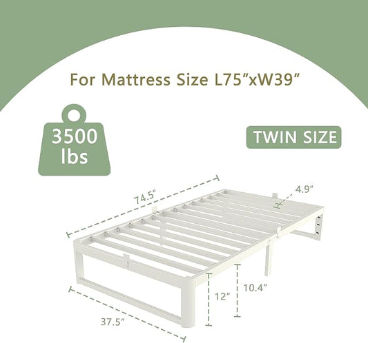 VYM 12 Inch Twin Bed Frame, Platform Bed Frames with Metal Gaskets, Anti-Slip Mattress Stopper, No Box Spring Needed, Heavy Duty Steel Slat Support, Round Corner Leg, Easy Assembly, White