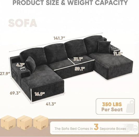 Homall 142" Boneless Couch, Modular Sectional Sofa, No Assembly Required, Memory Foam Filling, Corduroy U-Shaped Sofa, Movable Multi-Person Couch for Living Room (Black)