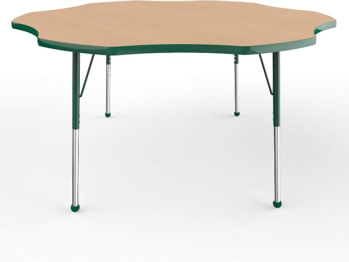 FDP Flower Activity School and Office Table (60 inch), Standard Legs with Ball Glides for Collaborative Seating Environments, Adjustable Height 19-30 inches - Maple Top and Green Edge