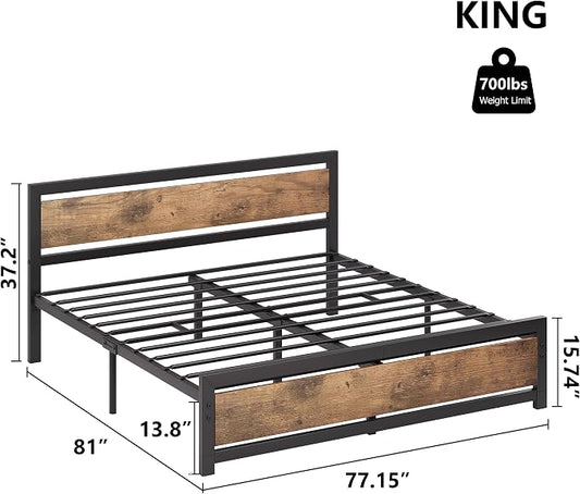 IDEALHOUSE King Size Bed Frame with Wooden Headboard and Footboard, Industrial King Bed Platform, No Box Spring Needed, Noise-Free, 13.8" Under Bed Storage, Easy Assembly