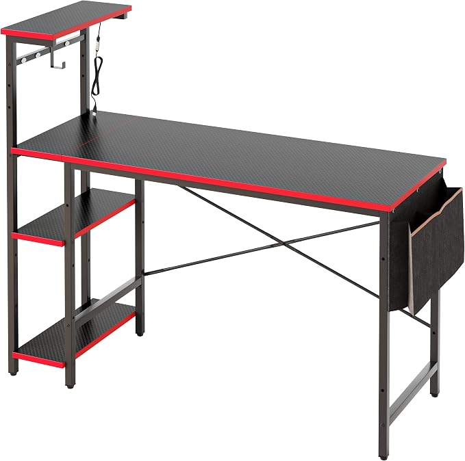 Bestier Gaming Desk with LED Lights, 51.3 Inch Computer Desk with 4 Tiers Reversible Shelves, Gamer Desk with Side Storage Bag, Hooks and Height Adjustable Shelf (Black Carbon Fiber)