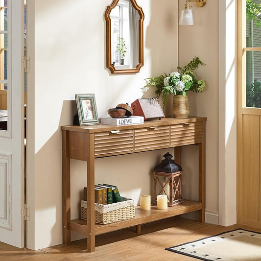 LEYAOYAO Fluted 47.2" Console Table with 3 Drawers, Modern Wood 2 Tier Entryway Table with Open Storage Shelf, Boho Sofa Entry Tables Behind Couch for Living Room, Hallway, Entrance Foyer, Tea Brown