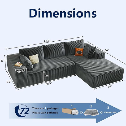 96" Modular Sectional Sofa, Modern Corduroy Cloud Couch with Deep Seat, Boneless Couch Upholstered 3-Seater L-Shaped Sofa for Living Room, No Assembly Required (Dark Grey, Right-Facing Chaise)