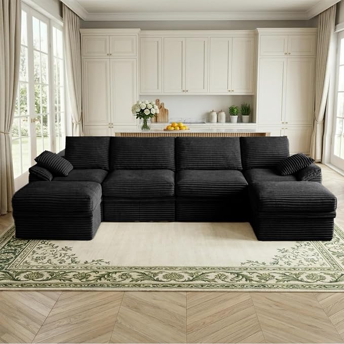 142" Modular U-Shaped Sectional Sofa with Storage, 4-Seat Corduroy Boneless Couch, 27" Deep Seat Cloud Couch & 2 Movable Ottoman, Tool-Free Assembly, Couch for Living Room, Black