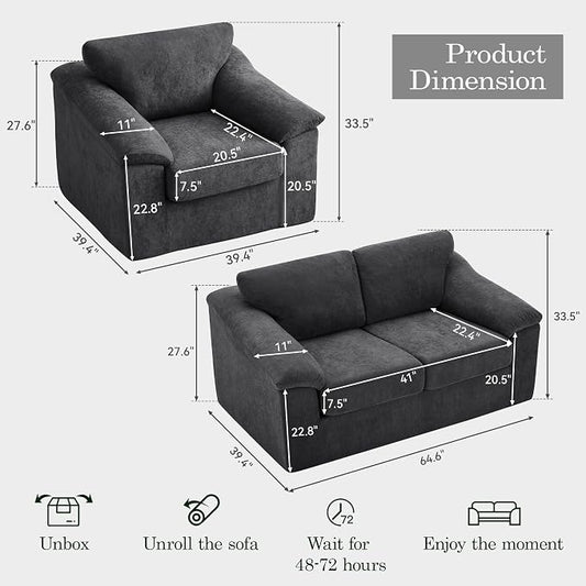 Boneless Couch Sets, Modern Loveseat Sofa with Accent Sofa Chair, Floor Cloud Couch Sets with Extra Comfy Soft Deep Seats for Living Room, Apartment, No Assemby, Set of 2, Dark Gray