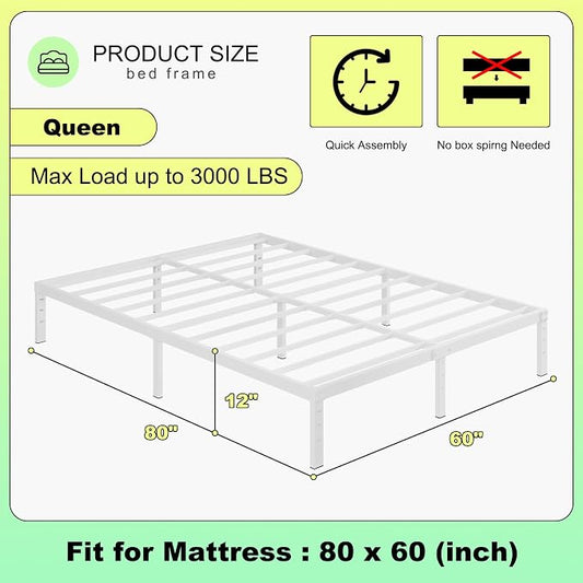 Cieemine 12 Inch Bed Frame Queen Size, Heavy Duty Steel Queen Bed Frame No Box Spring Needed, Mattress Foundation, Easy Assembly, Noise-Free,White