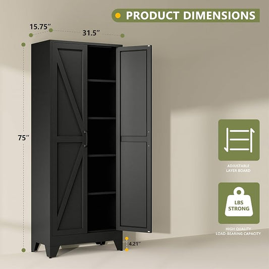 RAVIGIN Farmhouse Storage Cabinet,75" H Metal Pantry Cabinet with Barn Doors and Adjustable Shelves,75" H 6-Tier Rustic Pantry Organizers for Kitchen,Dining Room,Black