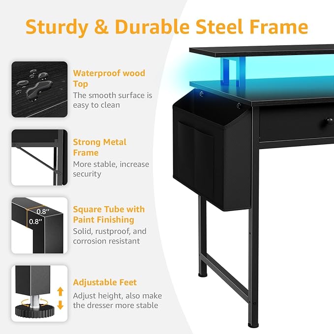 DLisiting Black Gaming Desk with Shelves and Drawers - 39 Inch Small Gaming Desk with Storage Shelves for Boys Teens Bedroom, Black Computer Desks with Drawers, Monitor Stand, Power Outlet