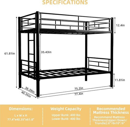 Metal Twin Over Twin Bunk Bed, Heavy-Duty Metal Bunk Bed, Noise Reduced Design/Safety Guardrail/2 Side Ladders/No Box Spring Needed (Black)