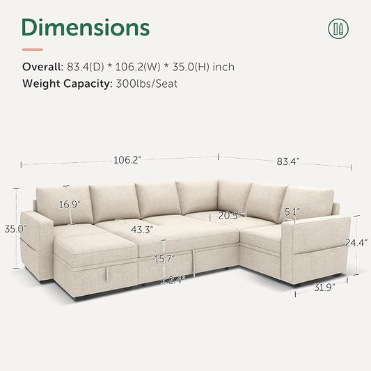 HONBAY Modular Sectional Sleeper Sofa with Pull Out Bed, U Shaped Sectional Couch with Storage Ottoman, Sleeper Sectional Couches for Living Room, Beige