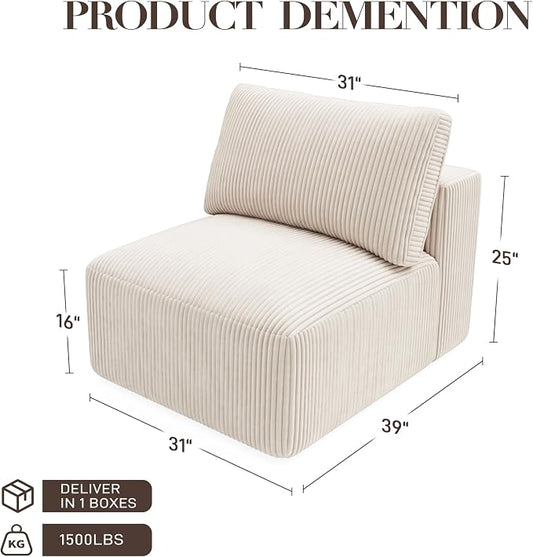Modular Sectional Sofa Extension, Armless Memory Foam Cloud Chair, 31" Boneless Corduroy Upholstered Single Seat, No Assembly Required Accent Chair for Living Room Apartment Home Decor, Beige