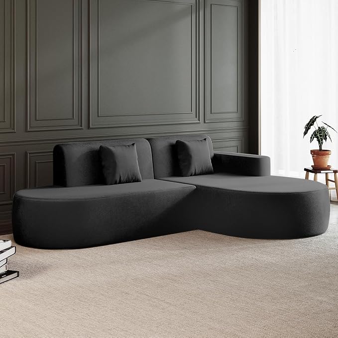 Modern Curved Boneless Sofa Couch, L-Shaped Corner Sofa, Chenille Upholstered Cloud Sectional Couch for Living Room, Bedroom and Apartment,No Assembly Needed(Black, Right Hand Facing)