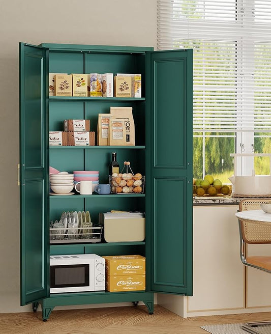 75" Tall Metal Storage Cabinet with 2 Doors and 4 Adjustable Shelves, Heavy Duty Steel Pantry Cabinet for Home Office, Kitchen, Garage and Laundry Room, Green