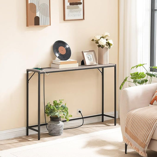 MAHANCRIS Console Table, Narrow Sofa Table, 43.7” Entrance Table with Power Station, Behind Couch Table, Simple Style, for Living Room, Hallway, Entryway, Foyer, Greige and Black CTHG112E01