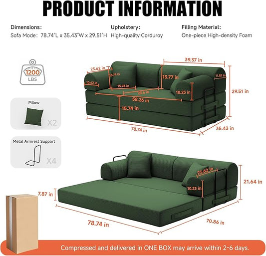 78.8" Boneless Memory Foam Couch, Corduroy Convertible Floor Sofa Bed, Fold-Out Sleeper Futon Loveseat, Wide Armrests & Supportive Back, 1200 lb, Couch in a Box, 2 Pillows, Dark Green