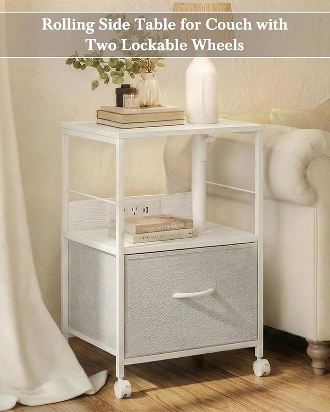 Faesun Swivel Lift Top Nightstand with Charging Station, Rolling Side Table for Recliner, Bedside Table with Wheels & a Fabric Drawer, for Small Spaces, for Bedroom, Living Room, White Gray