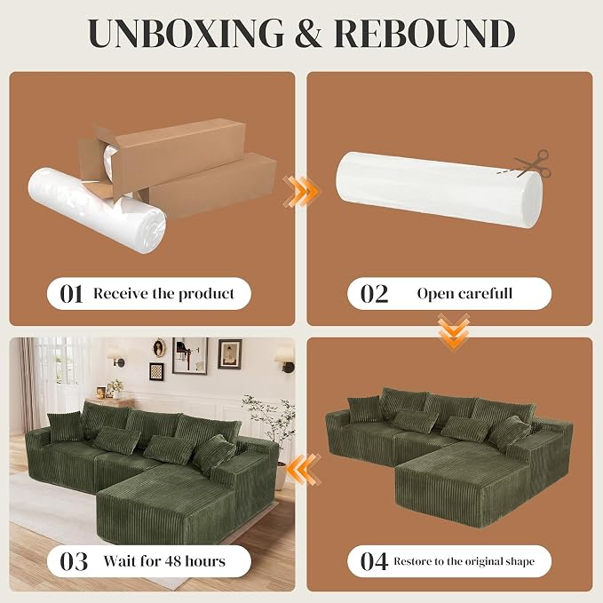 110" L Shaped Cloud Boneless Sectional Couches for Living Room, Modern Comfy Modular Deep Seat Memory Foam Compressed Corduroy Sofa Oversized Right Facing Chaise, No Assembly Required, Green