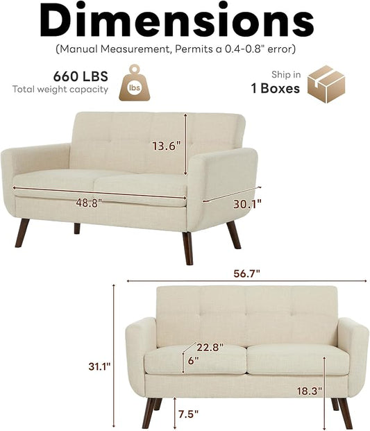 Tbfit 56" W Loveseat Sofa, Mid Century Modern Decor Love Seat Couches for Living Room, Button Tufted Upholstered Small Couch for Bedroom, Solid and Easy to Install Love Seats Furniture, Beige