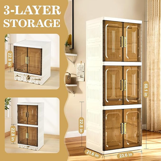 SAYMA 3 Layer Portable Wardrobe Closet Pet, Pet Collapsible Clothes Storage Organizer, White Plastic Foldable Wardrobe Cabinet with Doors & Wheels (3 Layer)