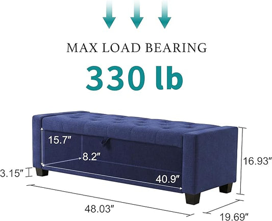 Huatean Home 48" Ottoman with Storage, Storage Ottoman Bench with Safety Hinge, Upholstered Entryway Bench with Seating for Bedroom, Living Room, Holds up to 330 lb, Blue