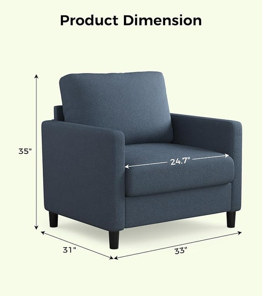Welzona Sofa Accent Chair, 33" Reading Chair for Bedroom, Tool-Free Setup Living Room Accent Chairs, Comfy Arm Chairs Living Room, All-Wood Reading Nook, Blue Grey
