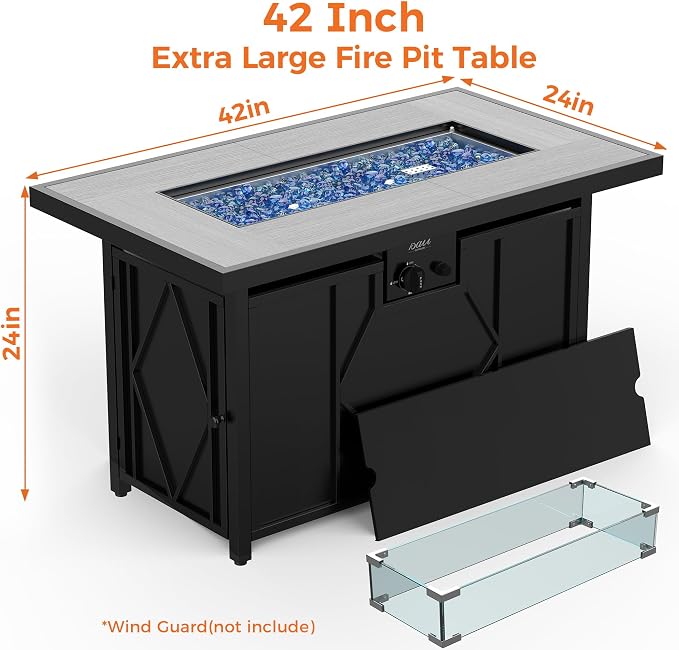 BALI OUTDOORS 42 inch Propane Fire Pit Patio Outdoor Fire Pit Table Large Black Firepits for Outside Rectangular
