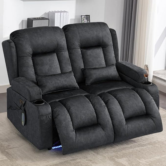 URRED Power Loveseat Recliner Sofa with Massage and Heat, Wall Hugger Reclining Loveseat, RV Couch Home Theater Seating with LED Lights for Living Room (Dark Grey, 54" - 2 Seats)