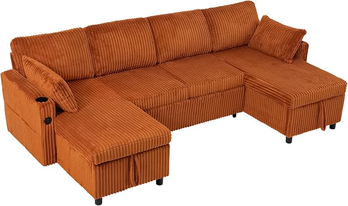110" Corduroy U-Shape Sofa Bed with Adjustable Backrests, Upholstered Pull Out Sofa Bed with USB Ports, Convertible Sectional Sleeper Couch with Storage Chaise for Living Room, House, Orange