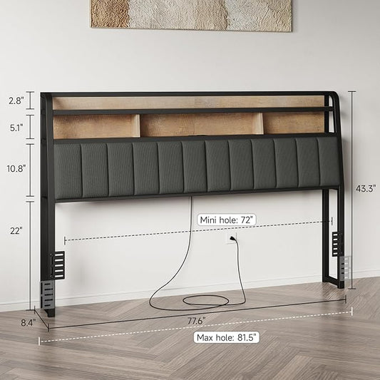 King Headboard Only with Storage, Upholstered Headboards for King Size Bed with LED Light, Charging Station, Height Adjustable, Sturdy and Stable Headboard, Black & Brown