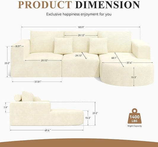 L-Shaped Boneless Couch,104" Couches for Living Room with Curved Chaise,Modular Sectional Sofa with Deep Seat,Modern Cozy Cloud Compression Sofas,No Assembly Required(Beige) 1PCS