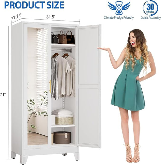 GAIOUS 71" Metal Wardrobe Cabinet with Mirror and Hanging Rod White | Clothing Storage Cabinets with 2 Doors and Adjustable Shelves, Armoire Wardrobe Closet for Bedroom, Laundry Cloak Room