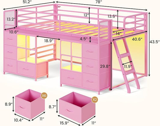 BTHFST Low Bunk Bed Twin Over Twin with 8 Fabric Drawers & Bookshelf, Twin Bunk Beds with RGB LED Lights, Windows, Metal Bunk Beds for Kids with Slanted Ladder & Safety Guardrails, Space Saving, Pink