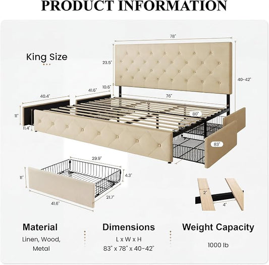 SHA CERLIN Upholstered King Size Platform Bed Frame with 4 Storage Drawers, Adjustable Headboard with Diamond Stitched Button Tufted Design, Wooden Slat Support, No Box Spring Needed, Beige