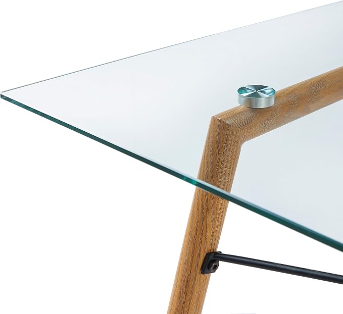 Teamson Home Minimalista Modern Glass Top Dining Table with Metal Legs for Kitchen Living Room Study Home Office, 30 inch Height, Glass/Wood