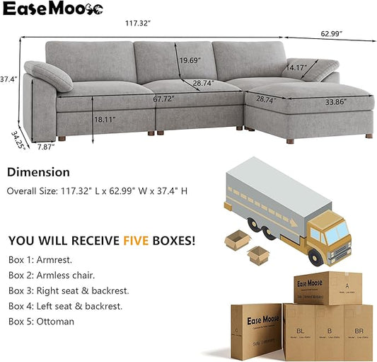 EASE MOOSE Oversized L Shape Sectional Modular Sofa,Wide Deep seat Sectional Sofa,Comfortable Grey Cloud Modular Sofa