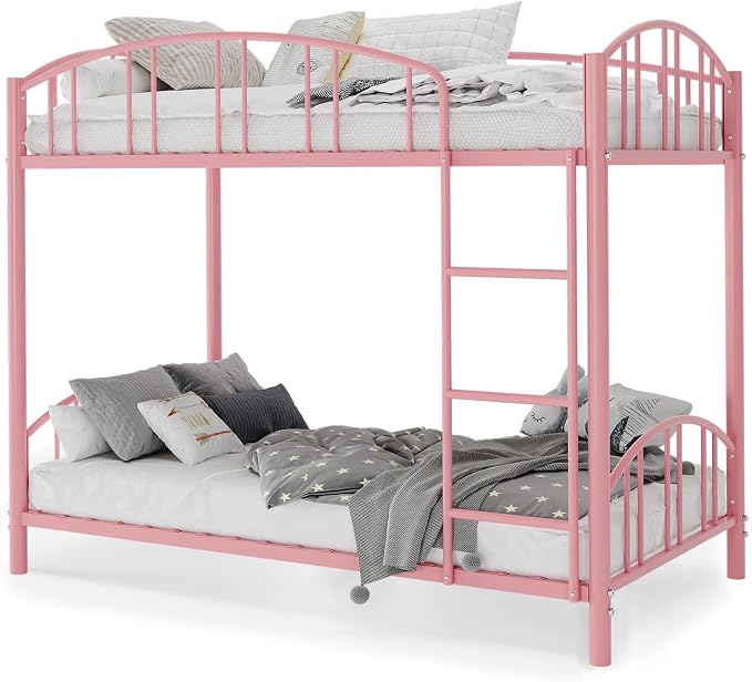 GarveeHome Metal Bunk Bed Twin Over Twin, Heavy Duty Bunkbeds Frame with Arched Guardrail and Safety Ladder, Sturdy Steel Bed for Kids Boys Girls, Space-Saving, No Box Spring Needed, Modern Pink