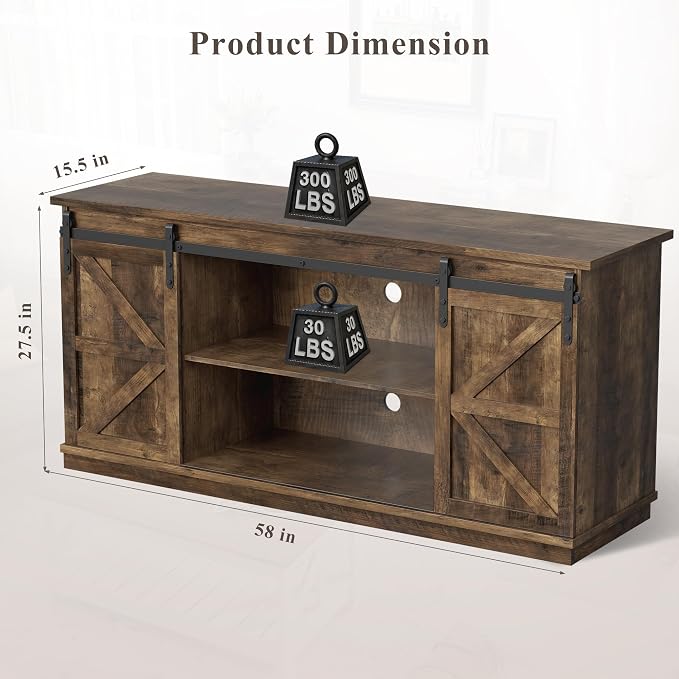 YESHOMY TV Stand for Televisions up to 65 Inches, with Sliding Barn Doors and Storage Cabinets, Console Table and Media Furniture for Living Room, 58 Inch, Barnwood