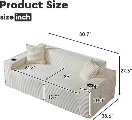 Boneless Sectional Sofa Couch with Cup Holders & Side Pockets, Modern Corduroy Fabric Deep Seat 3-seat Cloud Couch for Living Room Office, No Assembly (White)