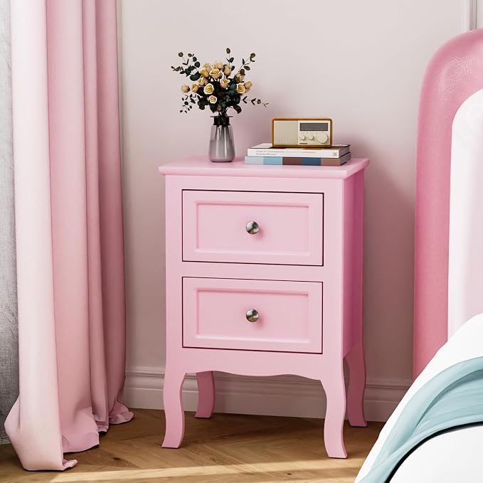 Bonnlo Nightstand with 2 Drawers, Night Stands for Bedrooms, Small Bed Side Table/White Night Stand with Drawers for Small Spaces, College Dorm, Kids’ Room, Living Room, French, 16W x 12D x 24H, Pink