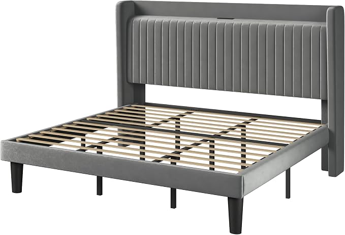 Allewie King Size Platform Bed Frame with USB Charging Station and Storage Shelf/Upholstered Velvet Wingback Headboard/Wooden Slats Support/No Box Spring Needed/Easy Assembly, Grey